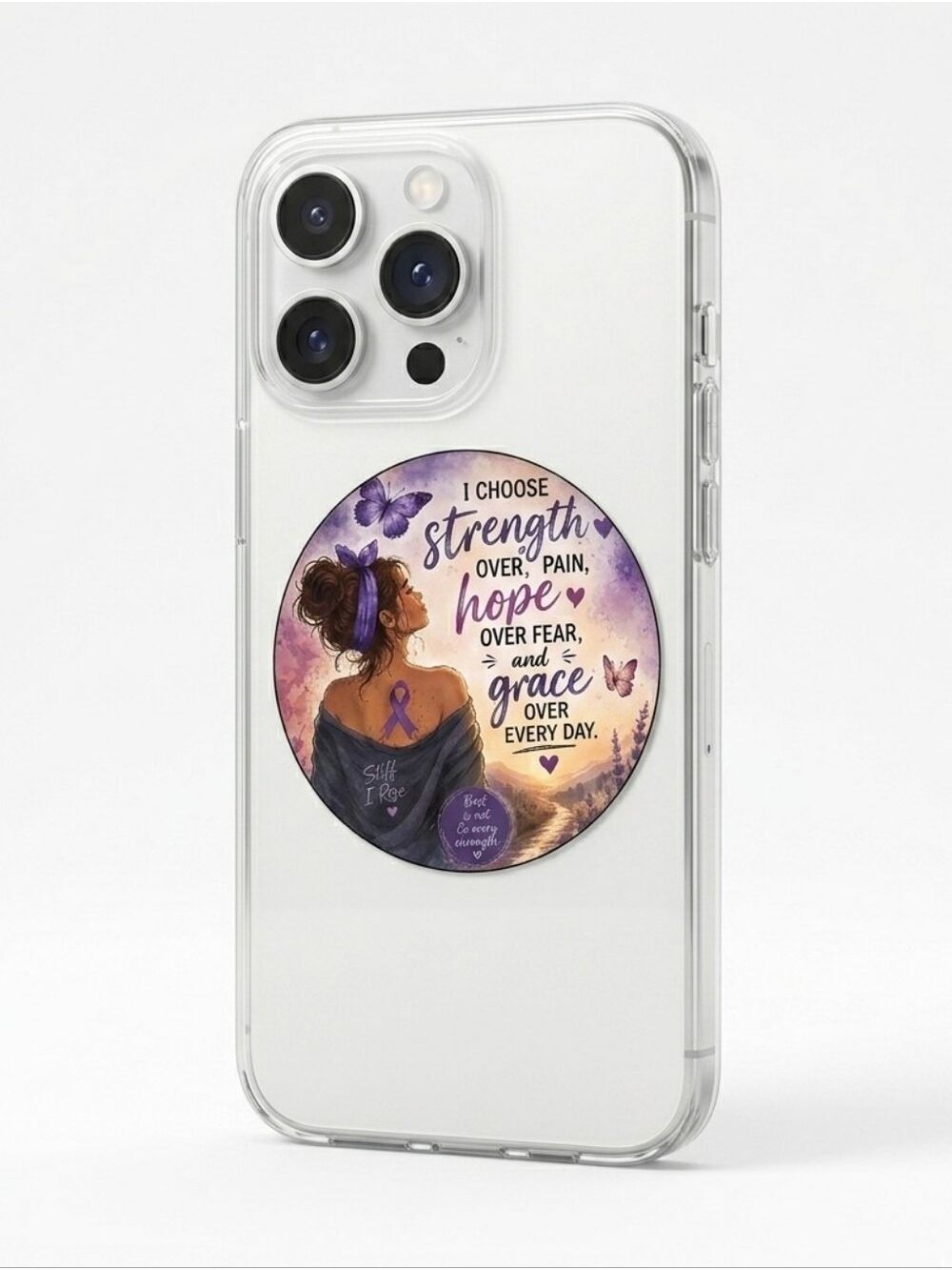 HAND CRAFTED Chronic Pain Warrior Clear Sticker Unstoppable Purple Butterfly 3"